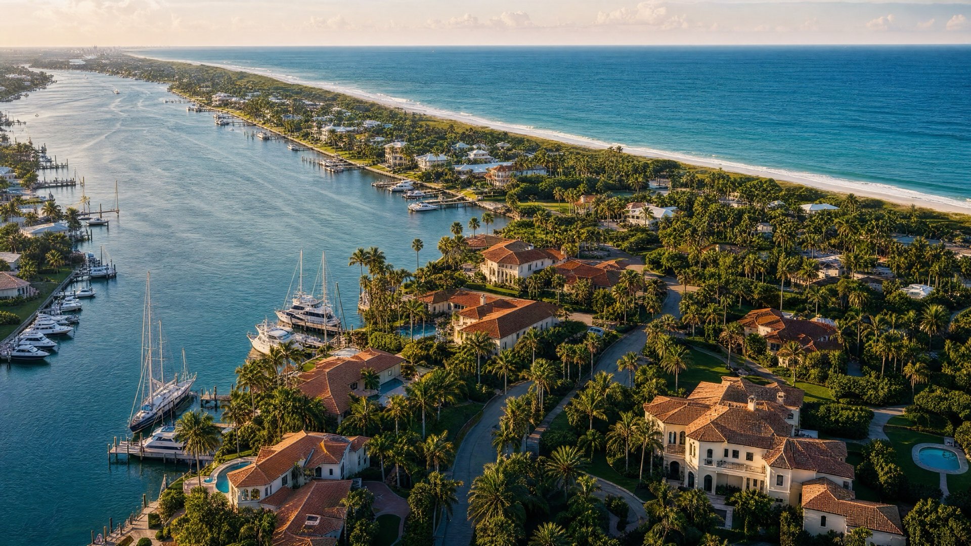 Aerial view of Florida's Treasure Coast at golden hour, turquoise Atlantic, intracoastal waterway, and palm-lined coastal communities