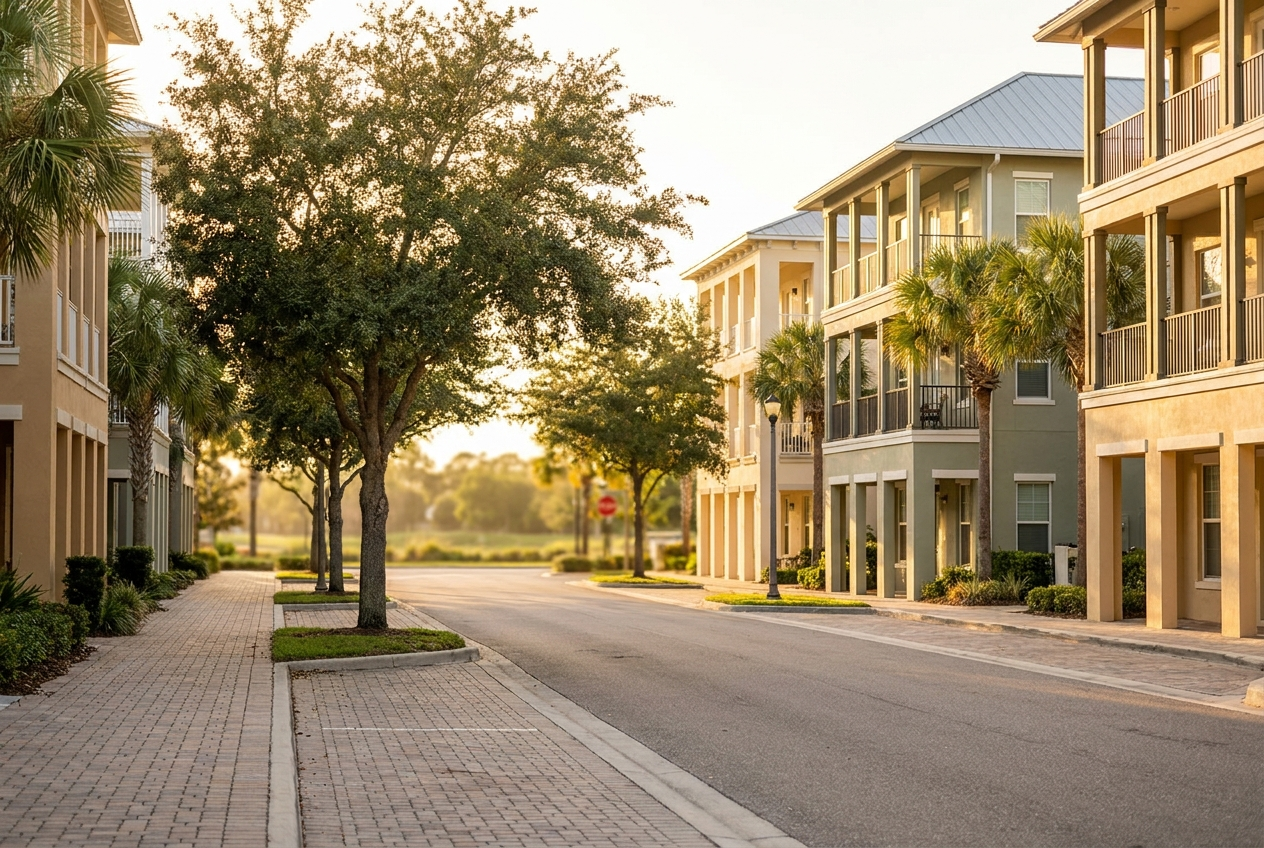 Aerial view of Tradition master-planned community in Port St. Lucie at golden hour